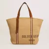 24,7 tote bag i naturlig raffia och brunt läder med guldmetalliska detaljer