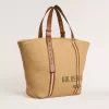 24,7 tote bag i naturlig raffia och brunt läder med guldmetalliska detaljer