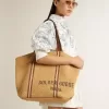 24,7 tote bag i naturlig raffia och brunt läder med guldmetalliska detaljer
