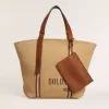 24,7 tote bag i naturlig raffia och brunt läder med guldmetalliska detaljer