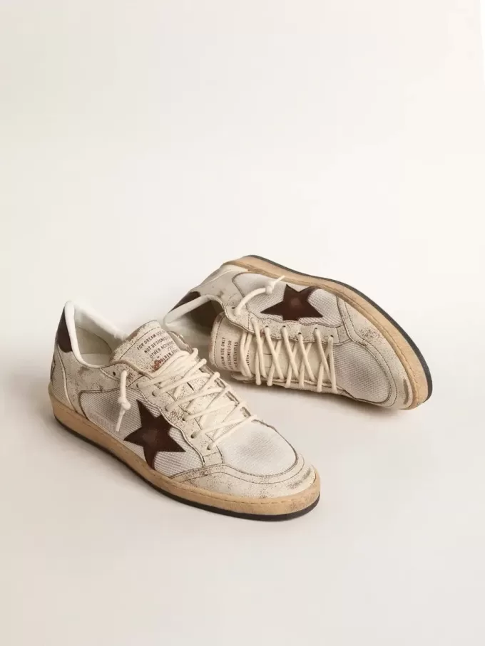 Ball Star LTD för herr i ecru läder och vitt nät med brun stjärna Ball Star LTD för herr i ecru läder och vitt nät med brun stjärna