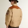 Beige bomberjacka med läder- och patchdetaljer