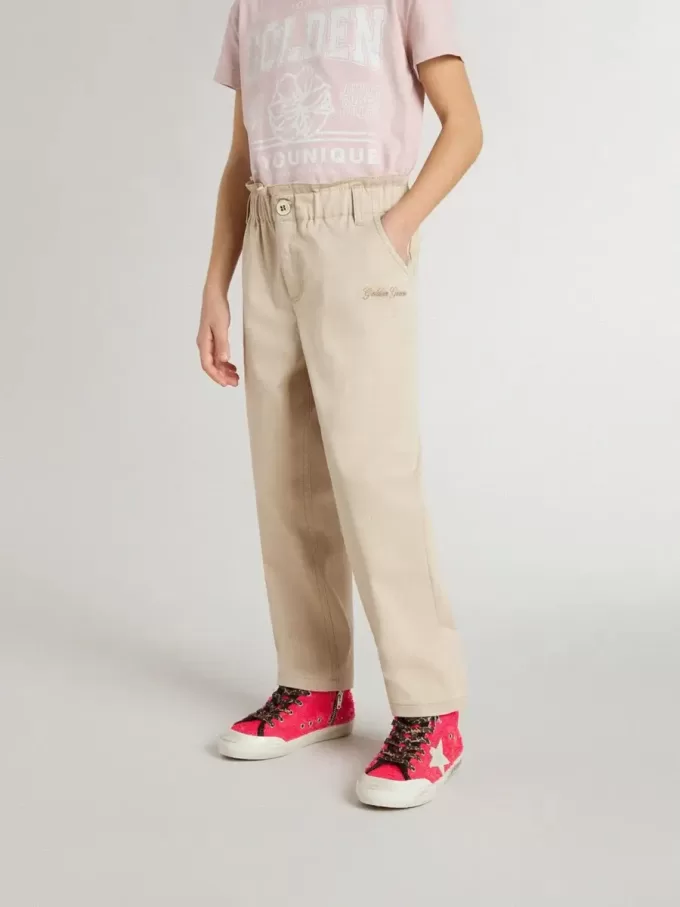 Beige bomullsbyxor för flickor med broderi Beige bomullsbyxor för flickor med broderi