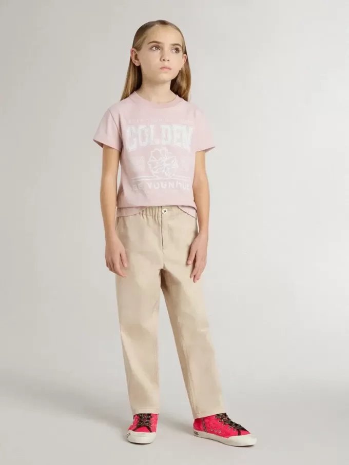 Beige bomullsbyxor för flickor med broderi Beige bomullsbyxor för flickor med broderi