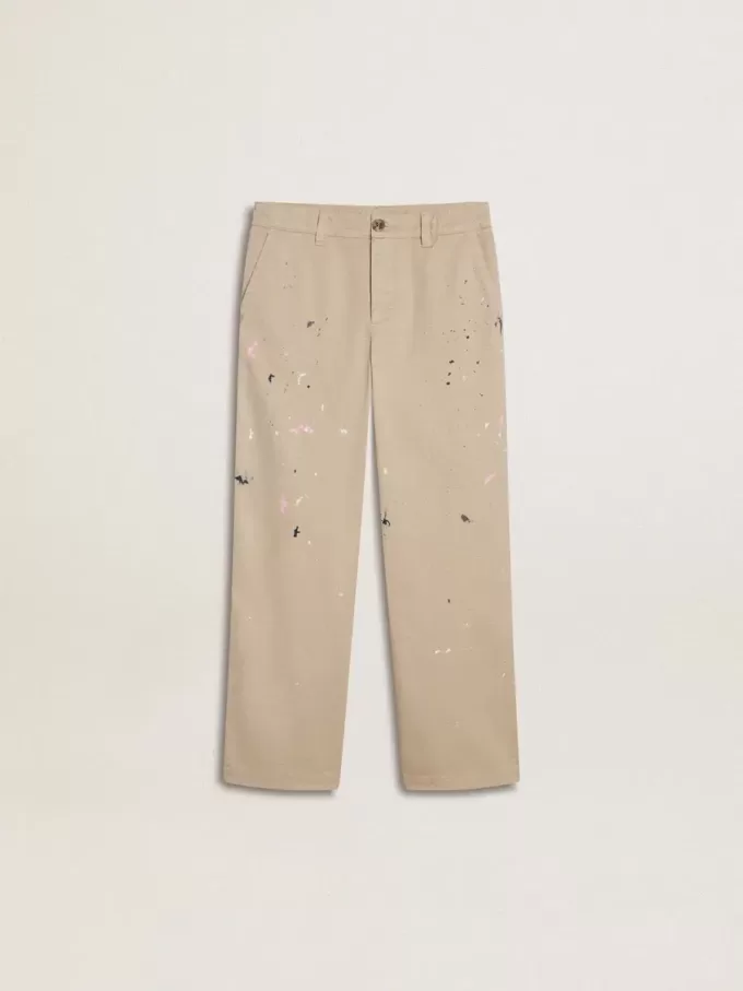 Beige chinosbyxor för barn med flerfärgade stänk
