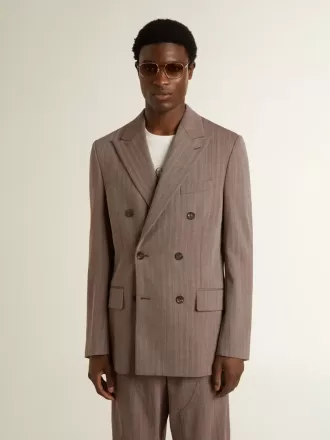 Beige dubbelknäppt blazer i ullblandning för herr