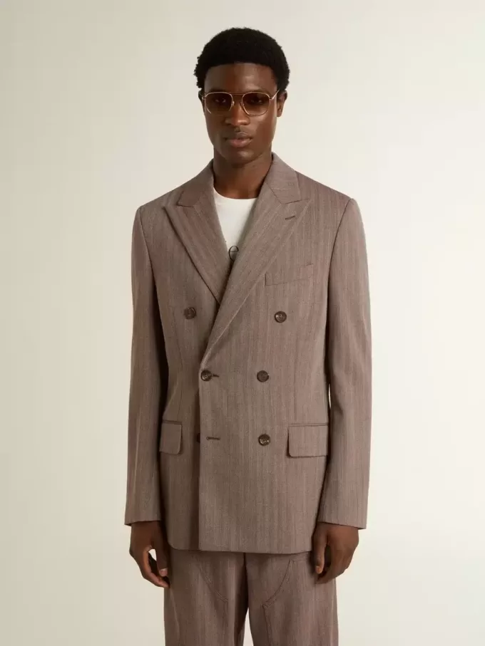 Beige dubbelknäppt blazer i ullblandning för herr Beige dubbelknäppt blazer i ullblandning för herr