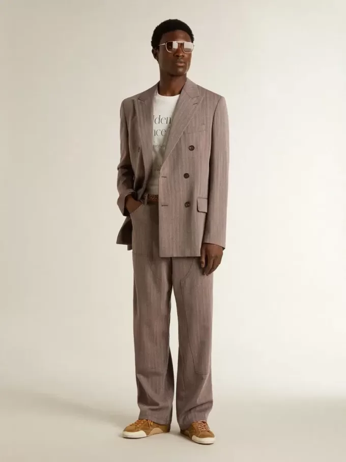 Beige dubbelknäppt blazer i ullblandning för herr Beige dubbelknäppt blazer i ullblandning för herr