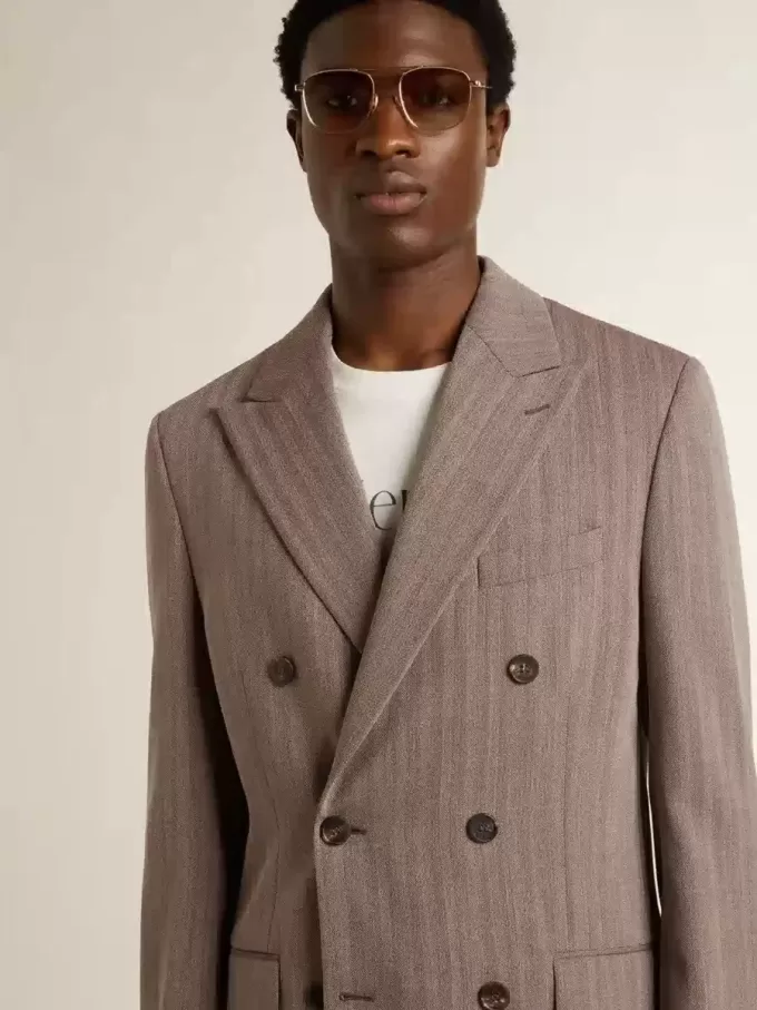 Beige dubbelknäppt blazer i ullblandning för herr Beige dubbelknäppt blazer i ullblandning för herr