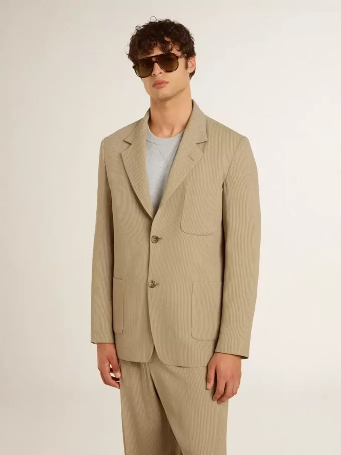 Beige enkelknäppt jacka för herr med oversized passform Beige enkelknäppt jacka för herr med oversized passform