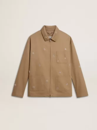 Beige jacka för herr med blommig brodyr och hel dragkedja