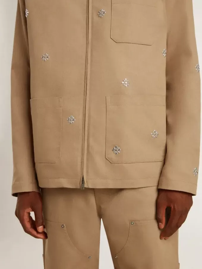 Beige jacka för herr med blommig brodyr och hel dragkedja