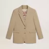 Beige randig enkelknäppt jacka för damer med oversized passform Beige randig enkelknäppt jacka för damer med oversized passform