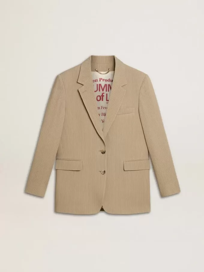 Beige randig enkelknäppt jacka för damer med oversized passform Beige randig enkelknäppt jacka för damer med oversized passform