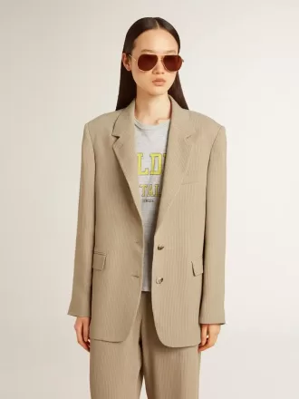 Beige randig enkelknäppt jacka för damer med oversized passform