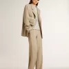 Beige randig enkelknäppt jacka för damer med oversized passform Beige randig enkelknäppt jacka för damer med oversized passform