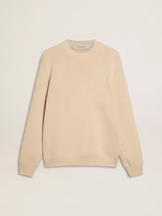 Beige tröja med rund hals för herr med ”Golden”-text på ryggen