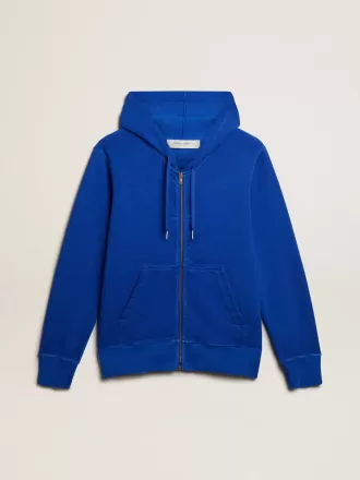 Blå hoodie för herr med text på baksidan