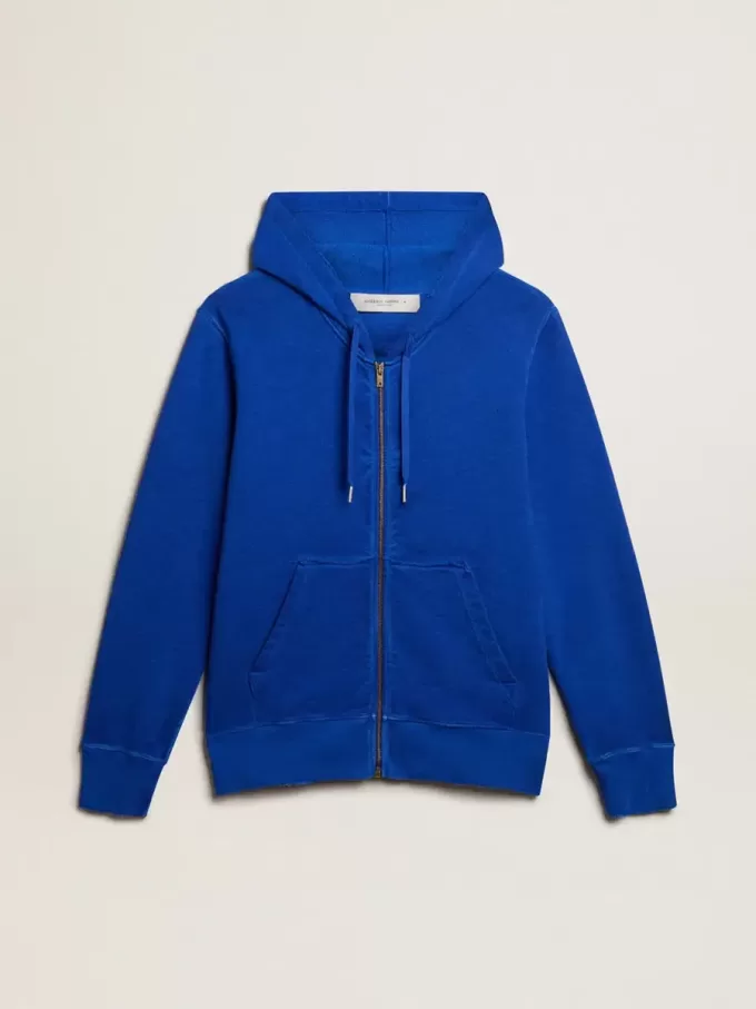 Blå hoodie för herr med text på baksidan Blå hoodie för herr med text på baksidan
