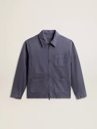 Blå jacka för herr i denim bomull med slitna detaljer