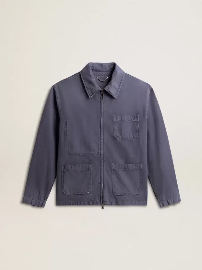 Blå jacka för herr i denim bomull med slitna detaljer