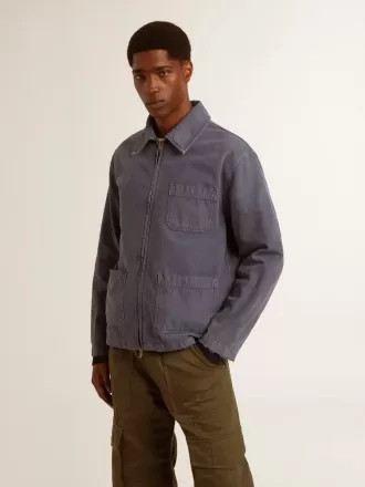 Blå jacka för herr i denim bomull med slitna detaljer
