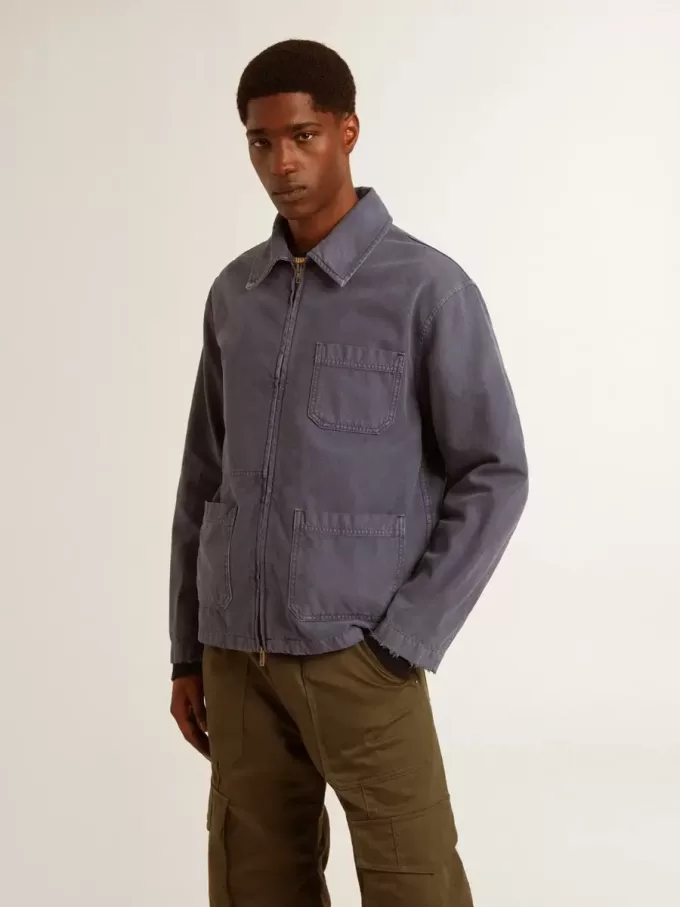 Blå jacka för herr i denim bomull med slitna detaljer