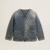 Blå quiltad jacka för dam i bomullsdenim med slitna detaljer