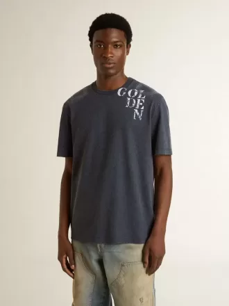 Blå T-shirt för herr med vitt tryck