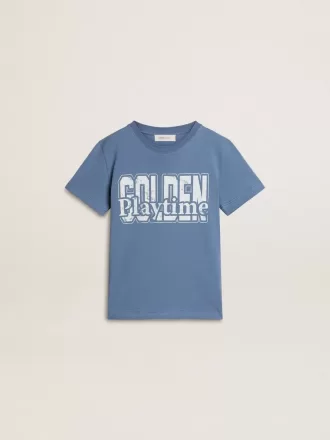 Blå T-shirt för pojkar med vitt tryck