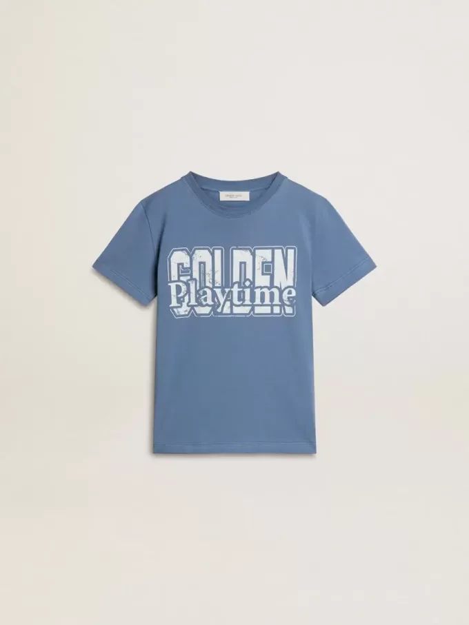 Blå T-shirt för pojkar med vitt tryck