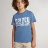 Blå T-shirt för pojkar med vitt tryck