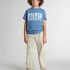 Blå T-shirt för pojkar med vitt tryck
