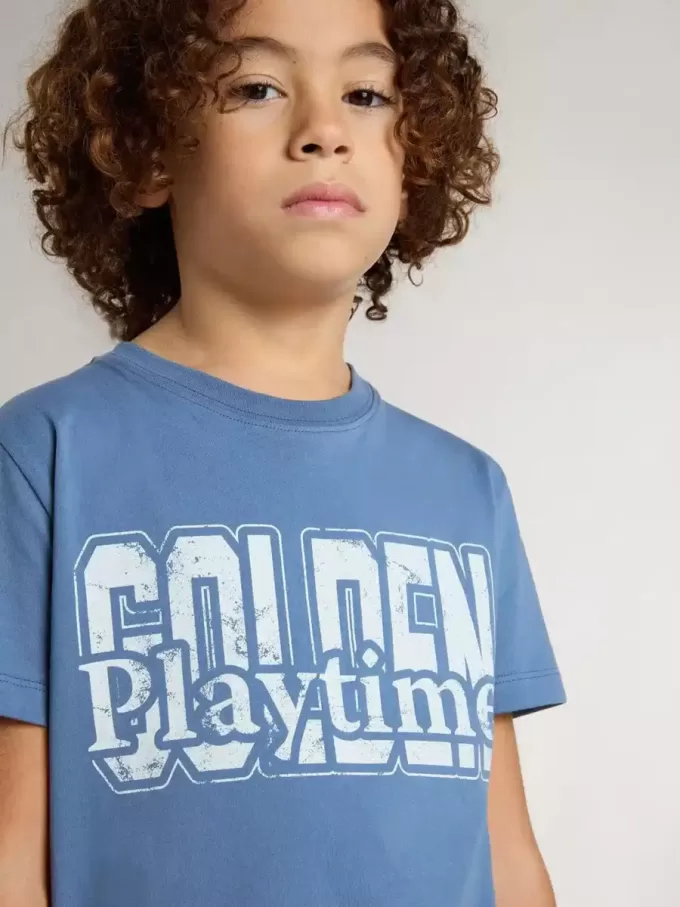 Blå T-shirt för pojkar med vitt tryck