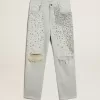 Blekt jeans för damer med cabochonkristaller
