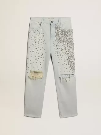 Blekt jeans för damer med cabochonkristaller