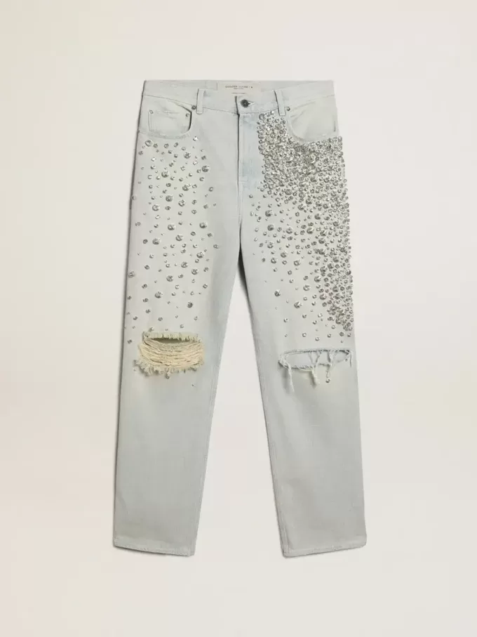 Blekt jeans för damer med cabochonkristaller