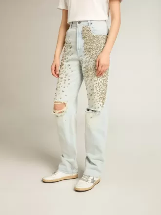 Blekt jeans för damer med cabochonkristaller