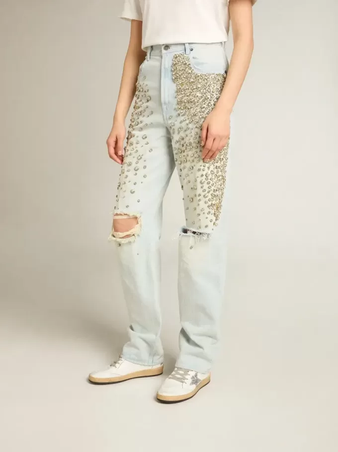Blekt jeans för damer med cabochonkristaller