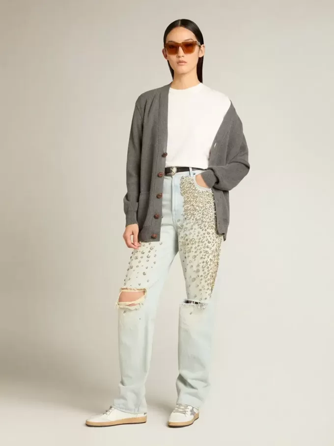 Blekt jeans för damer med cabochonkristaller