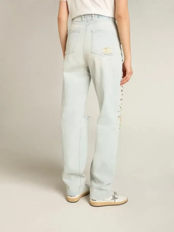 Blekt jeans för damer med cabochonkristaller