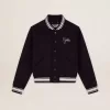 Bomberjacka för damer i mörkblå ull med vita detaljer