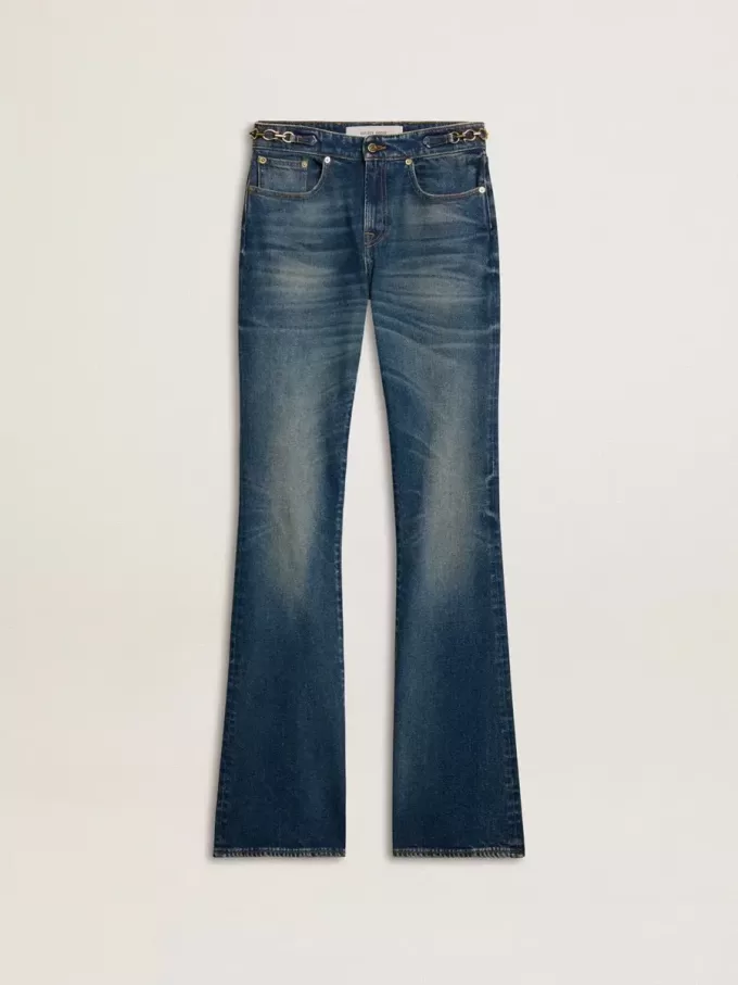 Bootcut-jeans för damer med vintage-tvätt och metalliska detaljer