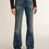 Bootcut-jeans för damer med vintage-tvätt och metalliska detaljer