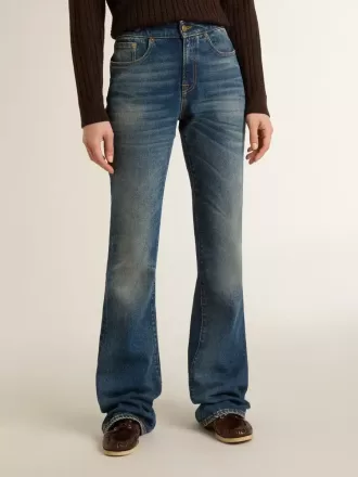 Bootcut-jeans för damer med vintage-tvätt och metalliska detaljer