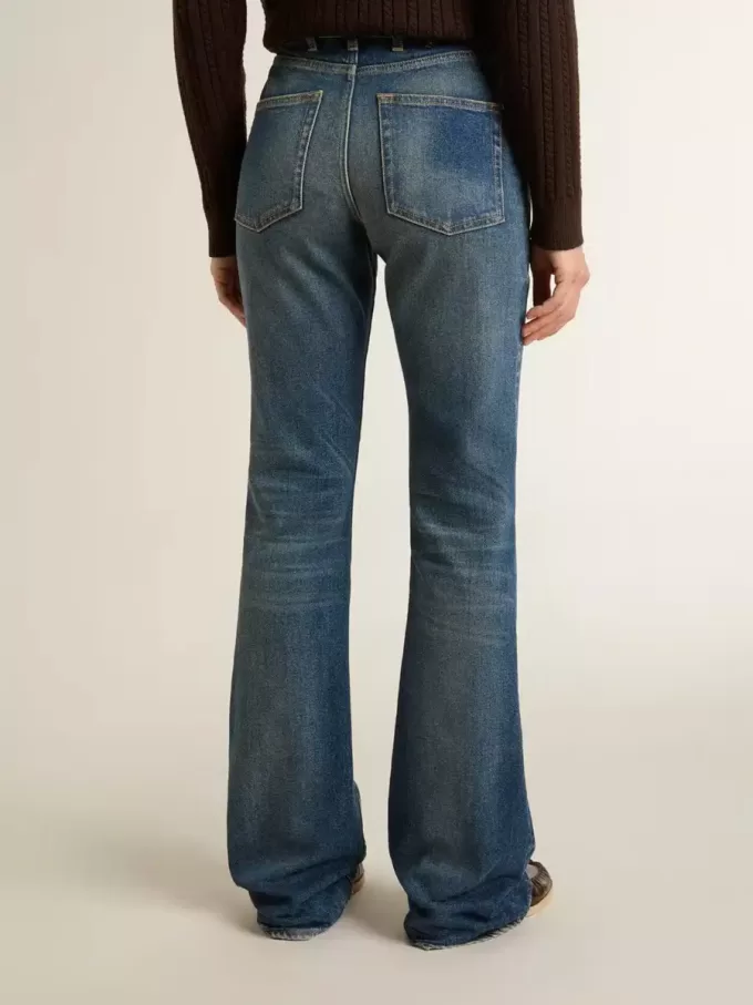 Bootcut-jeans för damer med vintage-tvätt och metalliska detaljer