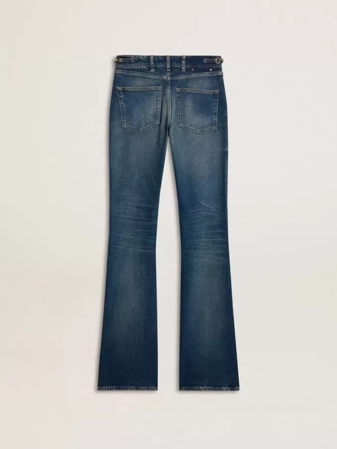 Bootcut-jeans för damer med vintage-tvätt och metalliska detaljer