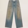 Boyfriend-jeans för damer med sliten effekt, sandtvätt och nitar