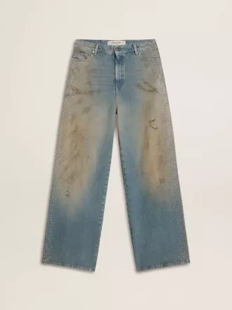 Boyfriend-jeans för damer med sliten effekt, sandtvätt och nitar