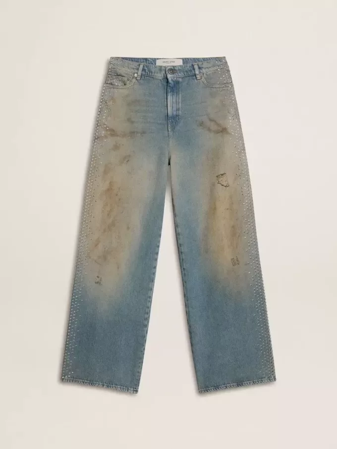 Boyfriend-jeans för damer med sliten effekt, sandtvätt och nitar